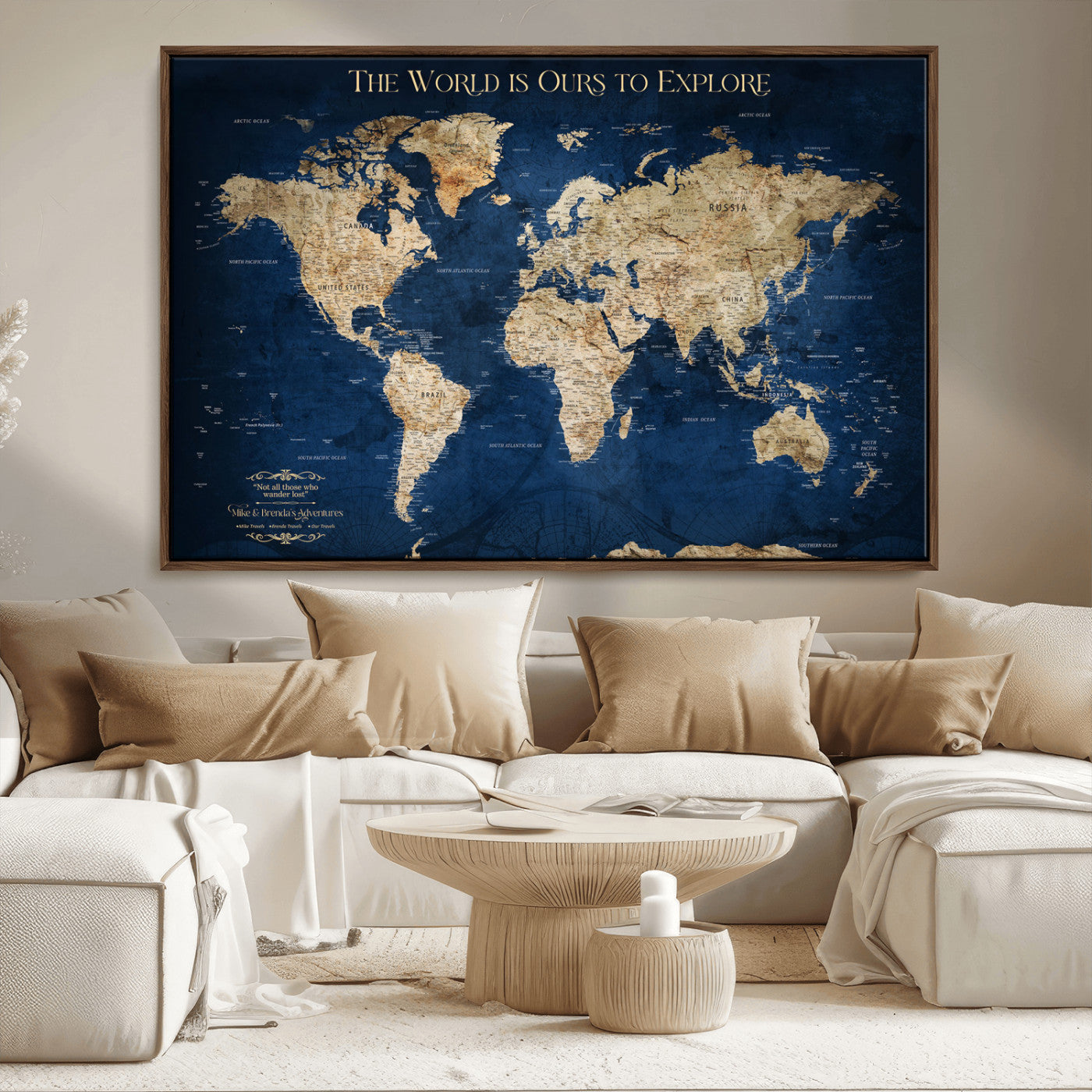 10181149-MGV-CV-36X24-Custom Push Pin World Map Wall Canvas Print – Personalized Travel Tracker with Pins – Framed Large