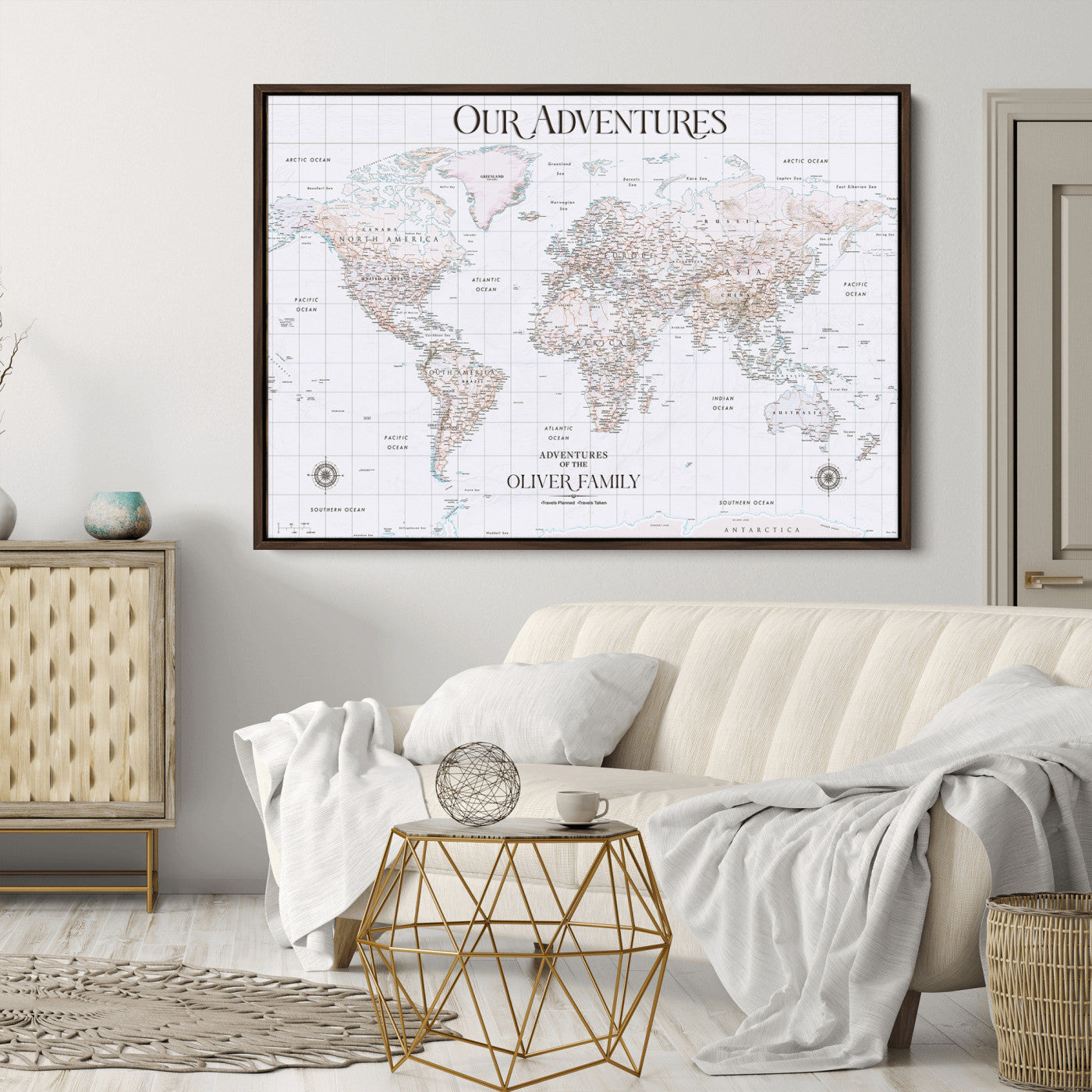 40041157-MGV-CV-36X24-Custom Push Pin World Map Wall Canvas Print – Personalized Travel Tracker with Pins – Framed Large Multi-Size Canvas for Home Office Decor