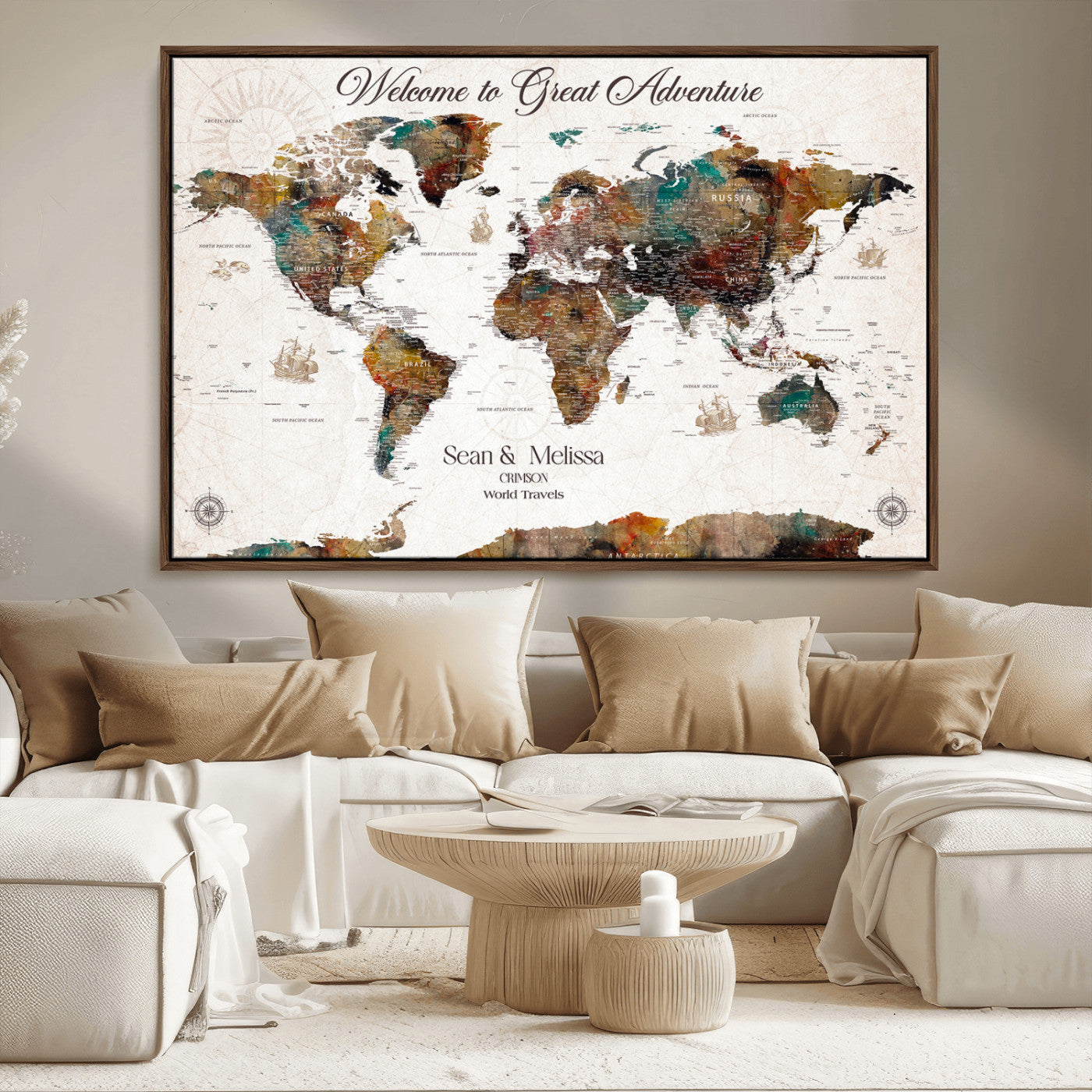 92462592-MGV-CV-36X24-Customize Push Pin World Map Wall Canvas Print – Personalizable Travel World Map with Pins – Framed Personalized Map Print for Couple Gift - H31