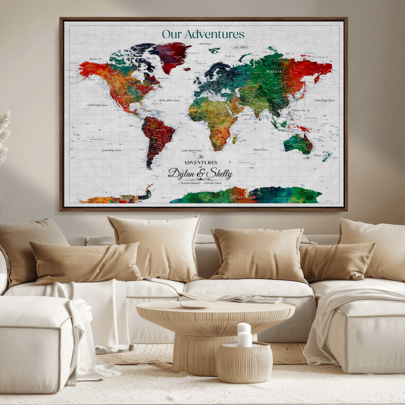 50035254-MGV-CV-36X24-Watercolor Personalized World Map Canvas Print - Customizable Push Pin Framed World Map Print - Custom Quote on Map Print