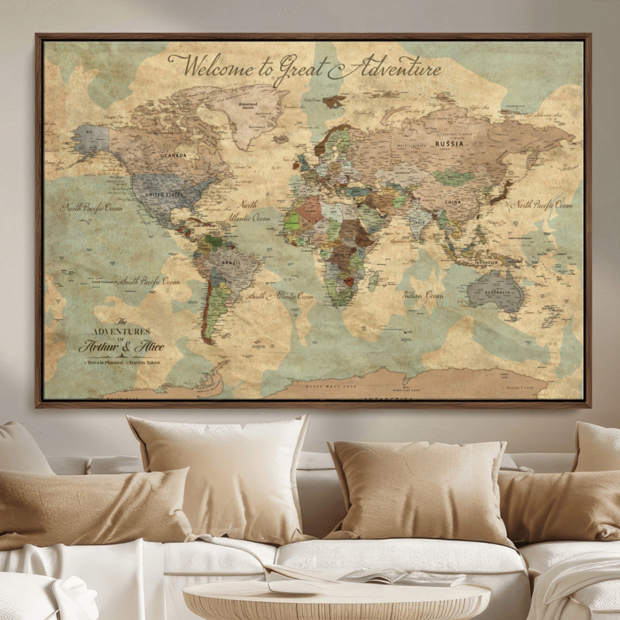 Rehber01-MGV-CV-36X24-Personalized World Map Canvas Wall Art – Custom Framed Push Pin Travel Tracker Print, Unique Gift for Home or Office Decor