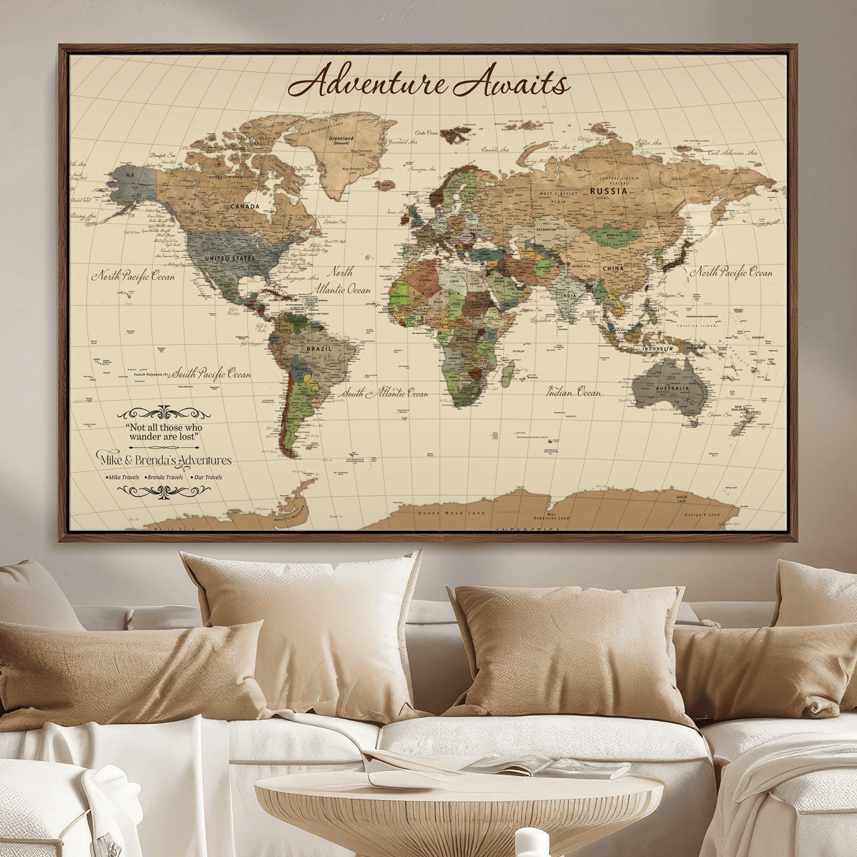 31875069-MGV-FC-36X24 - Customizable Push Pin World Map Wall Canvas Print – Personalize Travel Tracker with Pins – Framed Custom Quotie Canvas for Home Office Decor