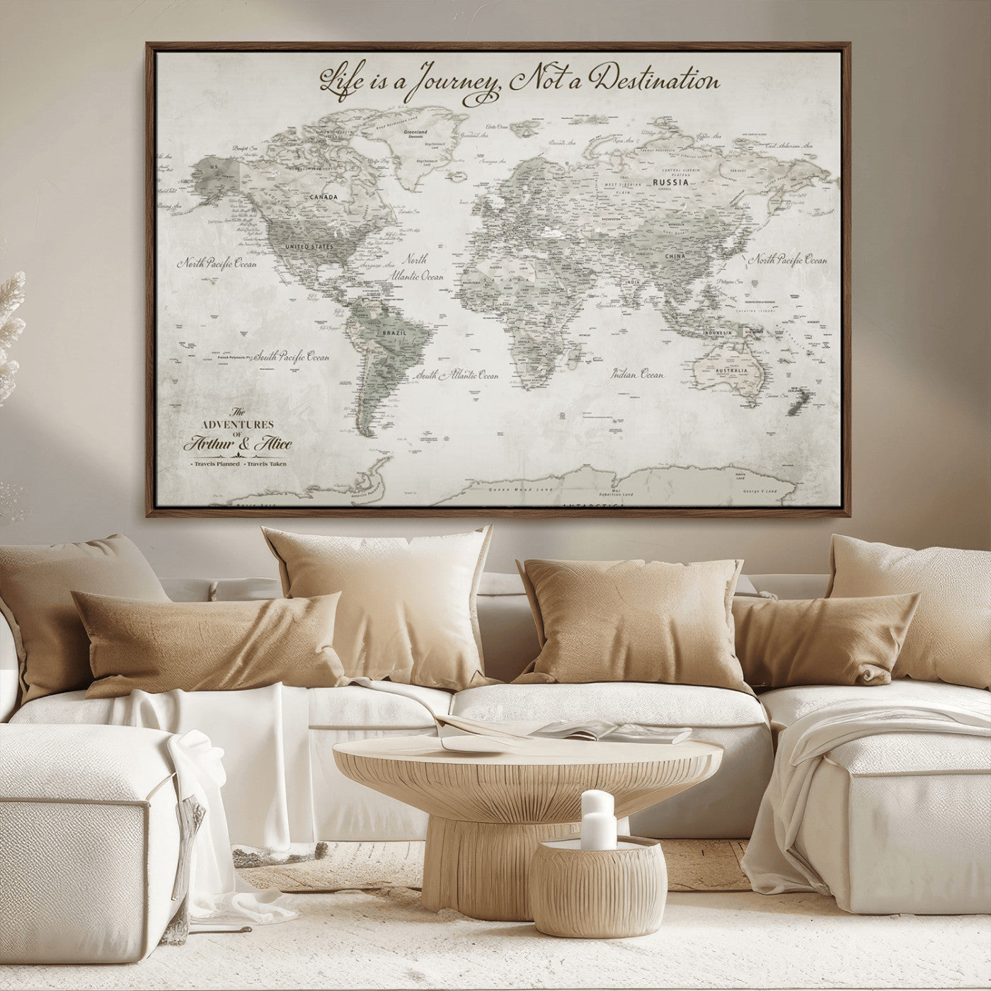 11398637-MGV-CV-36X24-Custom Push Pin World Map Wall Canvas Print – Personalized Travel Tracker with Pins – Framed Custom