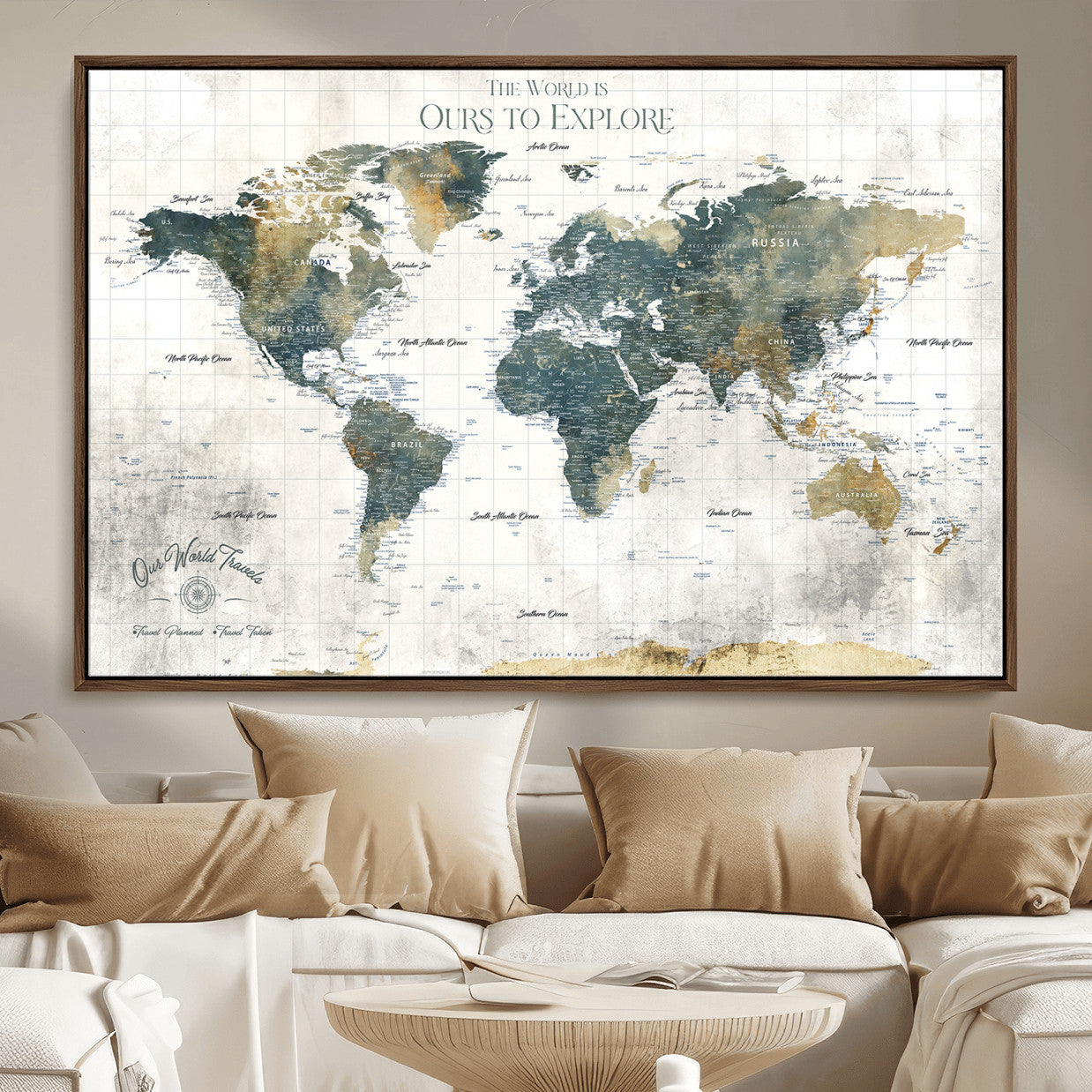 14988581-MGV-FC-36X24 - Custom Push Pin World Map Wall Canvas Print – Personalized Travel Tracker with Pins – Framed Custom Quotie Canvas for Home Office Decor