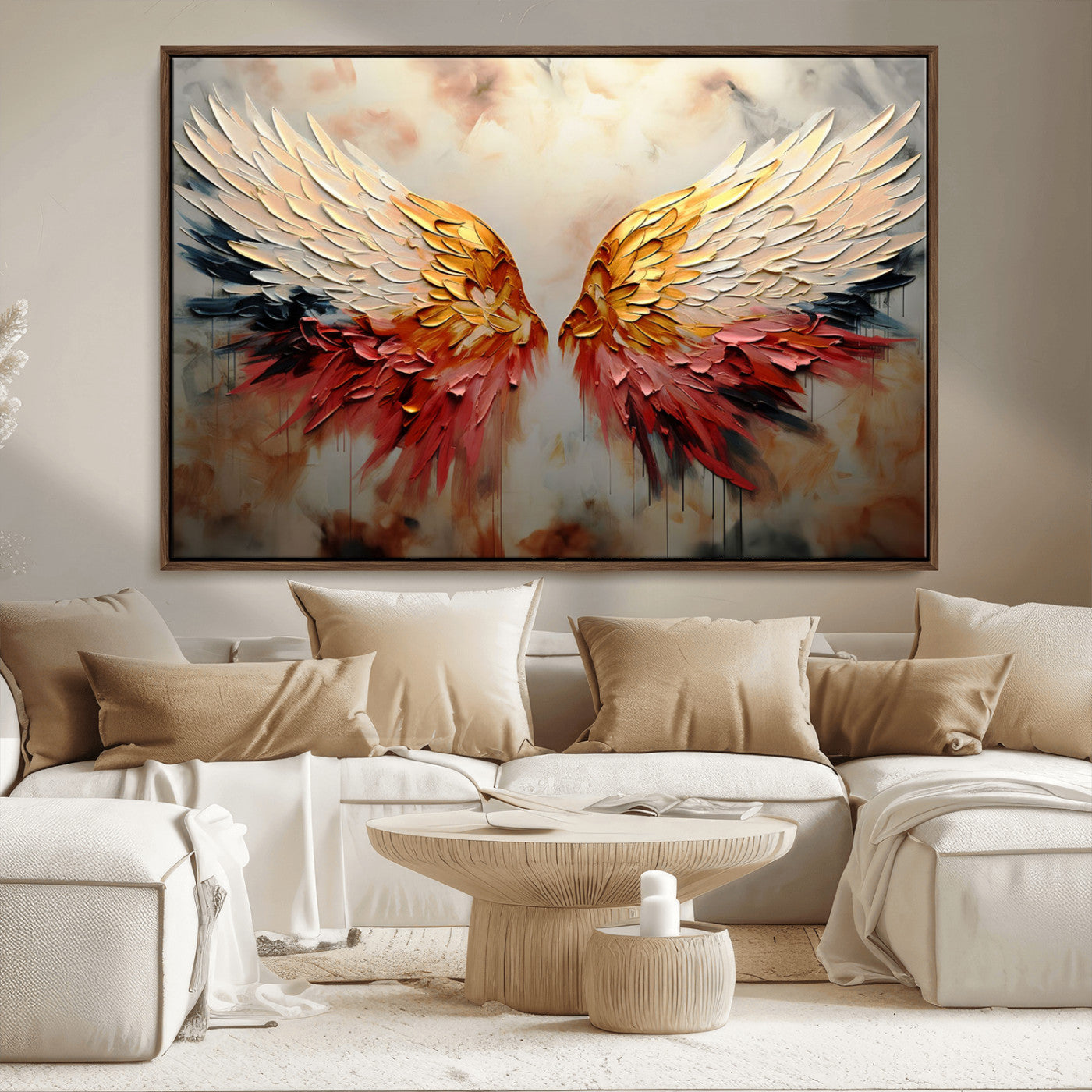 A stunning 3D-style painting of angel wings with vibrant gold, red, and black hues, creating a dramatic and striking visual effect.