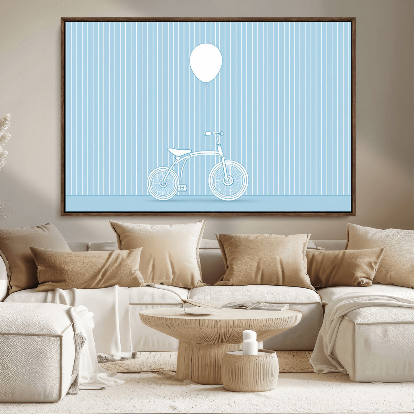 A minimalistic blue line drawing of a bicycle with a balloon floating above it, set against a soft striped background.