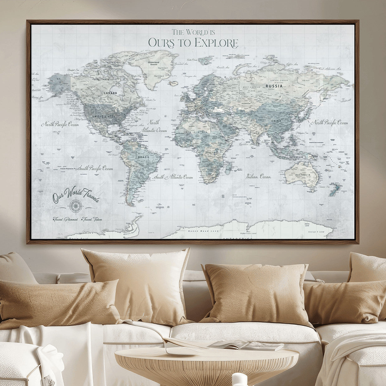 73654056-MGV-FC-36X24 - Personalized Push Pin World Map Canvas Print – Custom Framed Travel Tracker Artwork for Couples or Home Decor