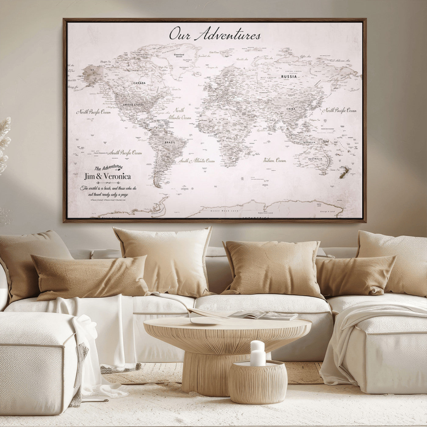 Customize Push Pin World Map Wall Canvas Print – Personalized Travel Map with Foam Pins – Framed Custom Quotie Canvas for Home Office Decor