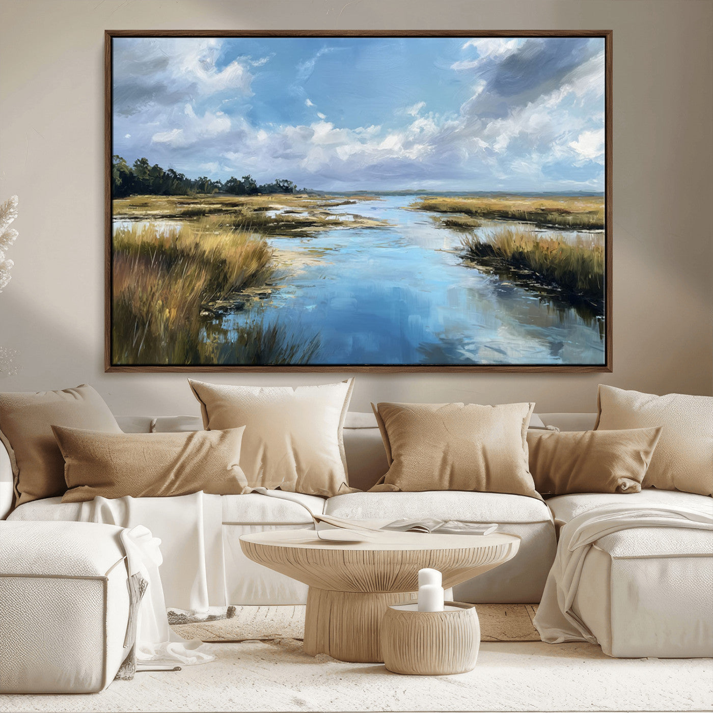 A beautiful, painterly landscape of a calm river winding through a marsh, with vibrant green grasses and a bright blue sky filled with fluffy clouds.