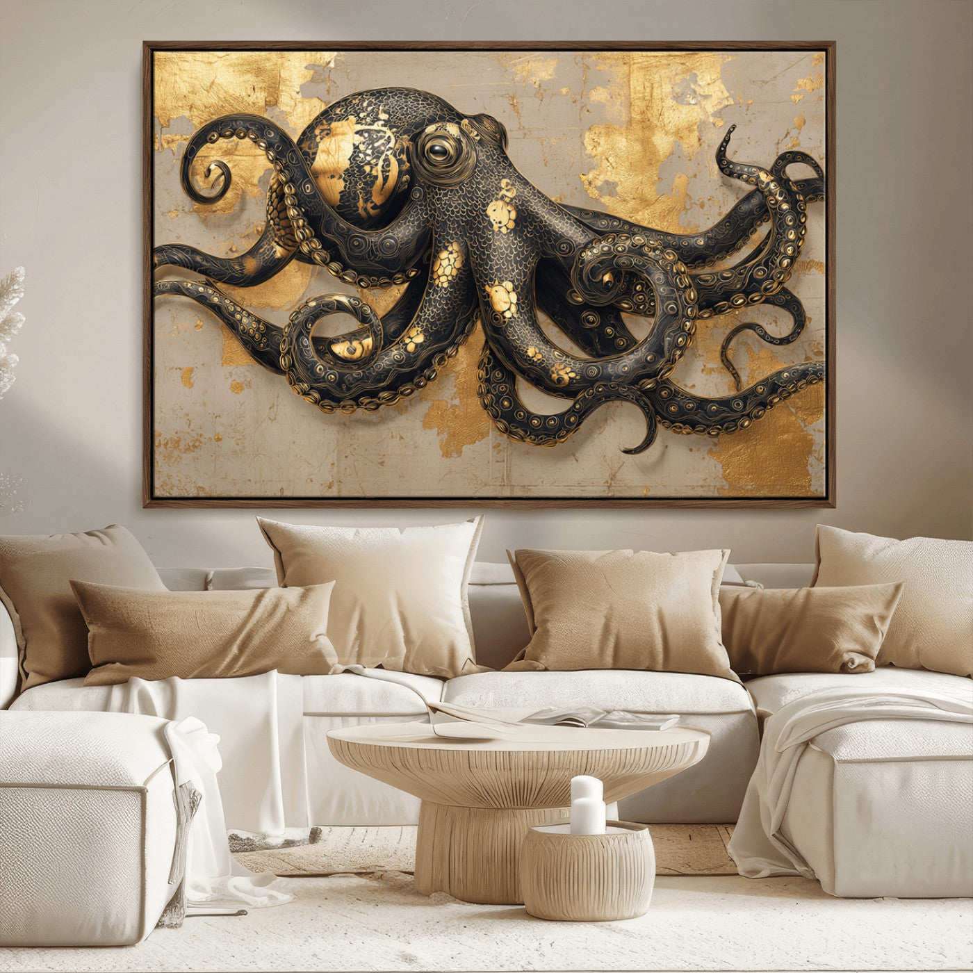 A stunning golden and black illustration of an octopus on a textured background with gold leaf accents, highlighting its intricate tentacles and unique design.
