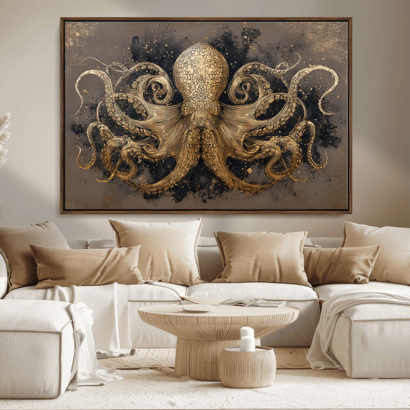 A beautifully detailed illustration of an octopus in gold ink on a textured dark background, with swirling tentacles and intricate patterns.