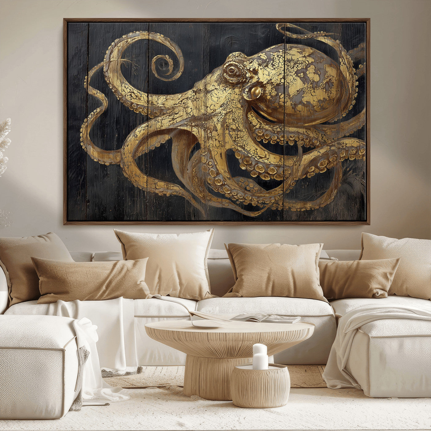 A detailed gold illustration of an octopus on black wooden planks, showing its intricate tentacles and textured skin in an artistic style.