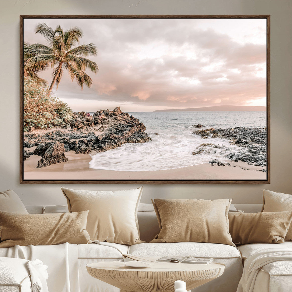 18005328-MGV-CV-36X24-Tropical Beach Wall Art Canvas Print – Palm Trees Rocky Shoreline Ocean Waves Sandy Coast Tranquil Sea Artwork for Home Office