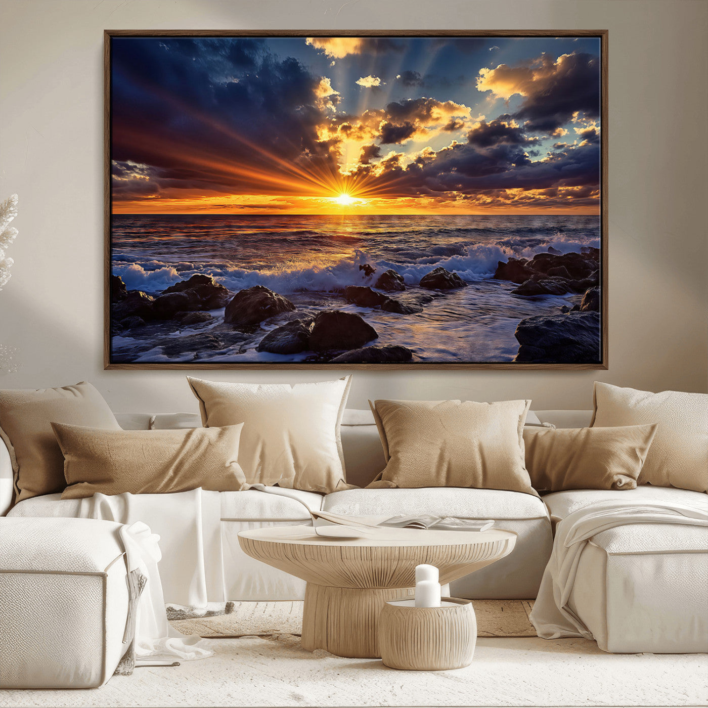 An explosive sunset over the ocean with dramatic clouds and rays of sunlight reflecting off the water, creating a vibrant and captivating view.