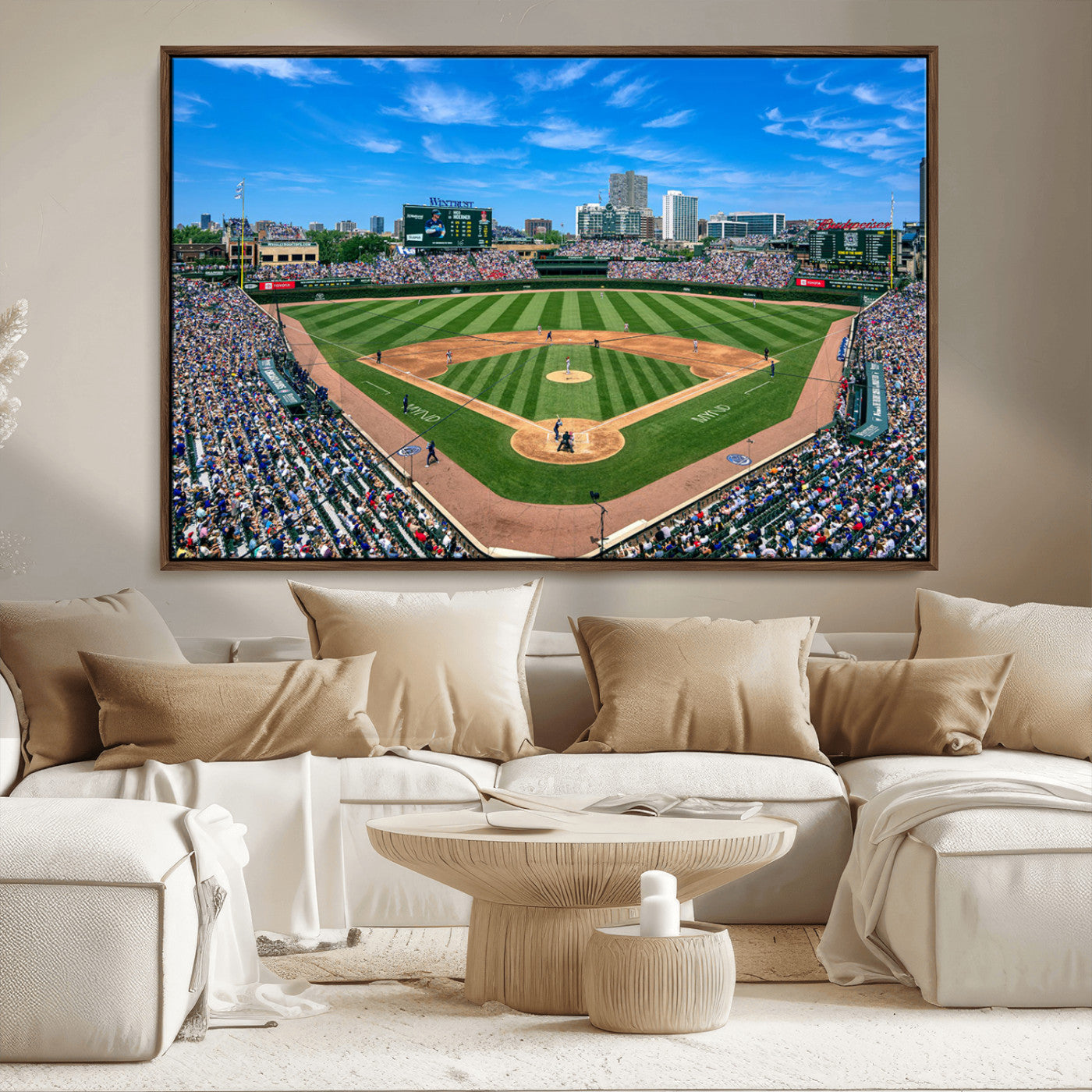 Wrigley Field Baseball Stadium Canvas Wall Art, Packed Crowd Sports Stadium Print, City Skyline Baseball Field Canvas for Game Room Decor