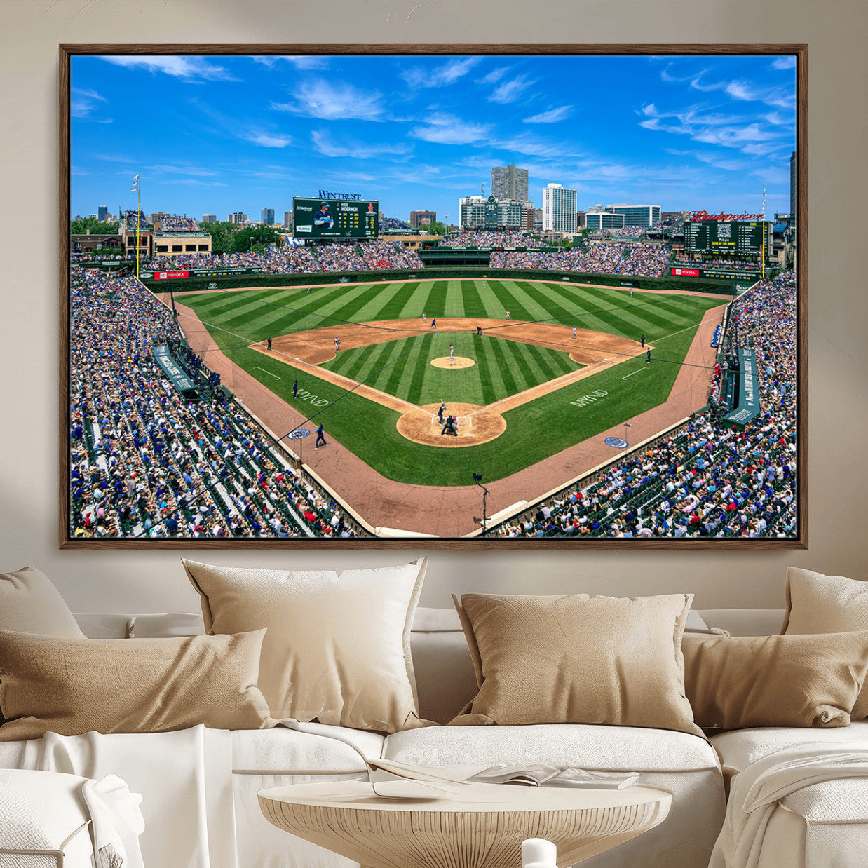 35800083-MGV-FC-36X24 - Wrigley Field Baseball Stadium Canvas Wall Art – Packed Crowd Sports Stadium City Skyline Artwork for Home Office