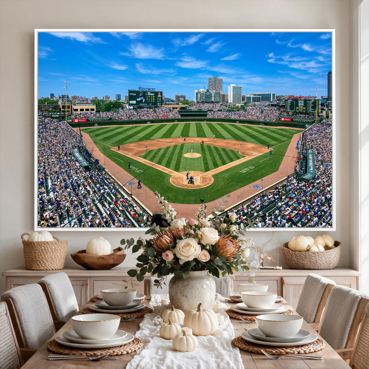 35800083-MGV-CV-36X24 - Wrigley Field Baseball Stadium Canvas Wall Art – Packed Crowd Sports Stadium City Skyline Artwork for Home Office
