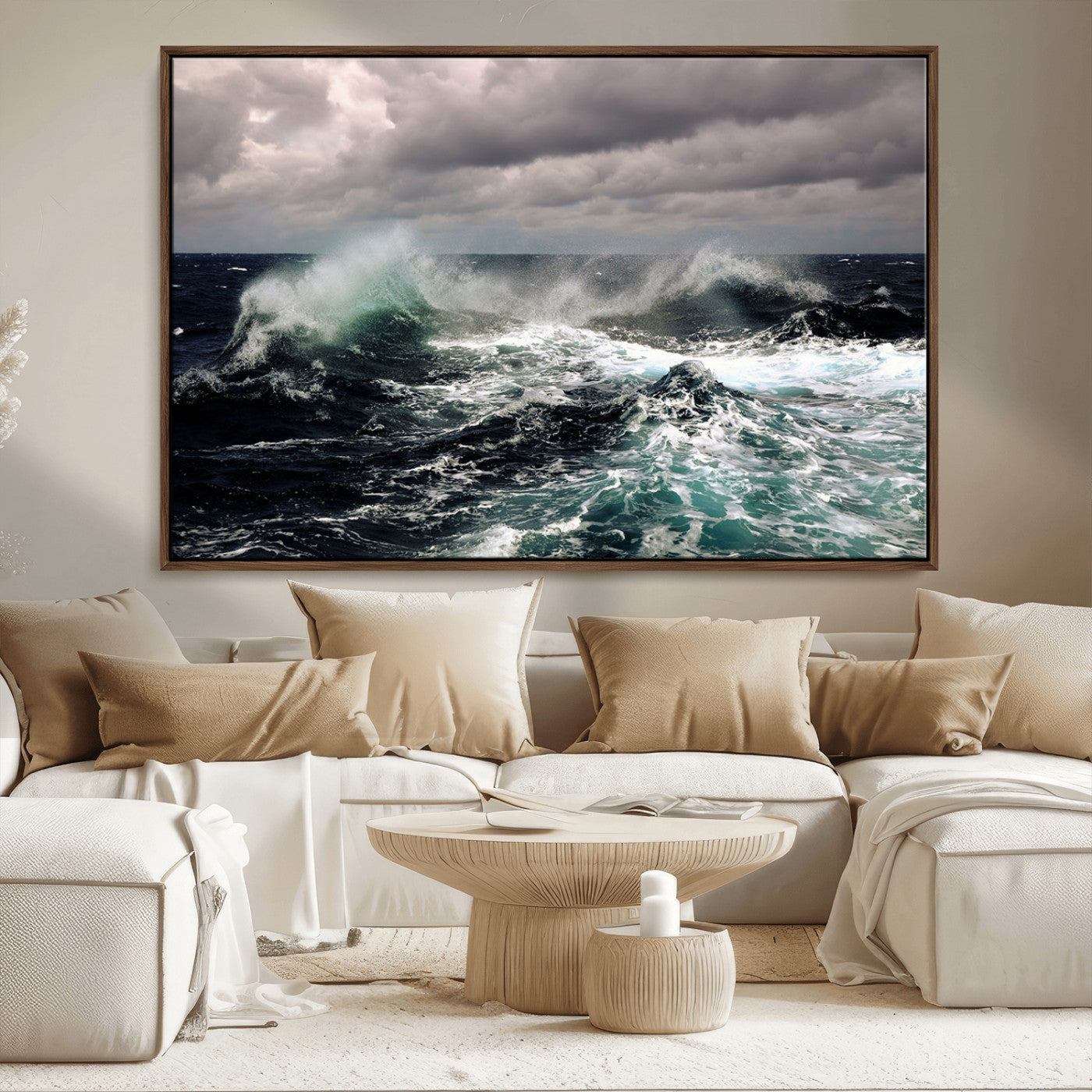 Powerful ocean waves crashing under stormy skies, creating a dynamic and intense seascape.