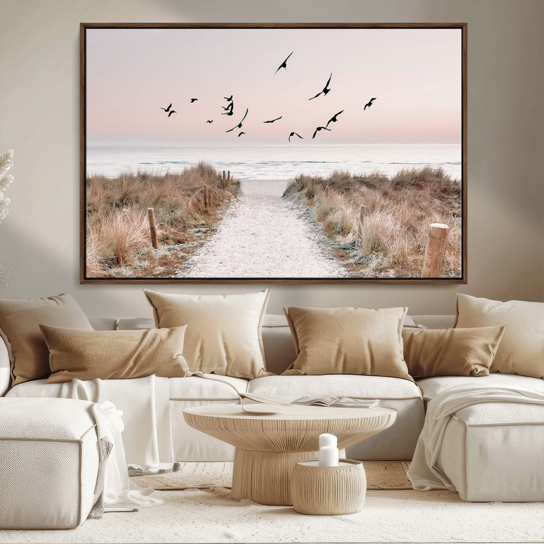 Coastal Pathway Canvas Wall Art Print, Framed Seaside Landscape with Beach and Birds