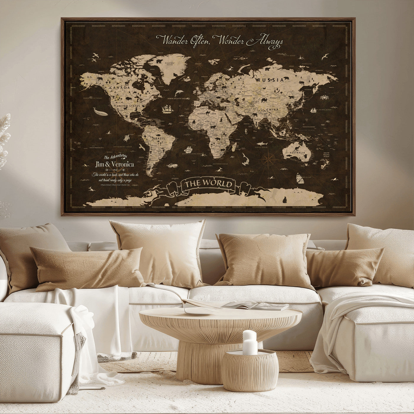 47004909-MGV-CV-36X24-Customize Push Pin World Map Wall Art Canvas Print – Personalized Map for Kids Room – Framed Custom Animal Map for Stady Room Decor