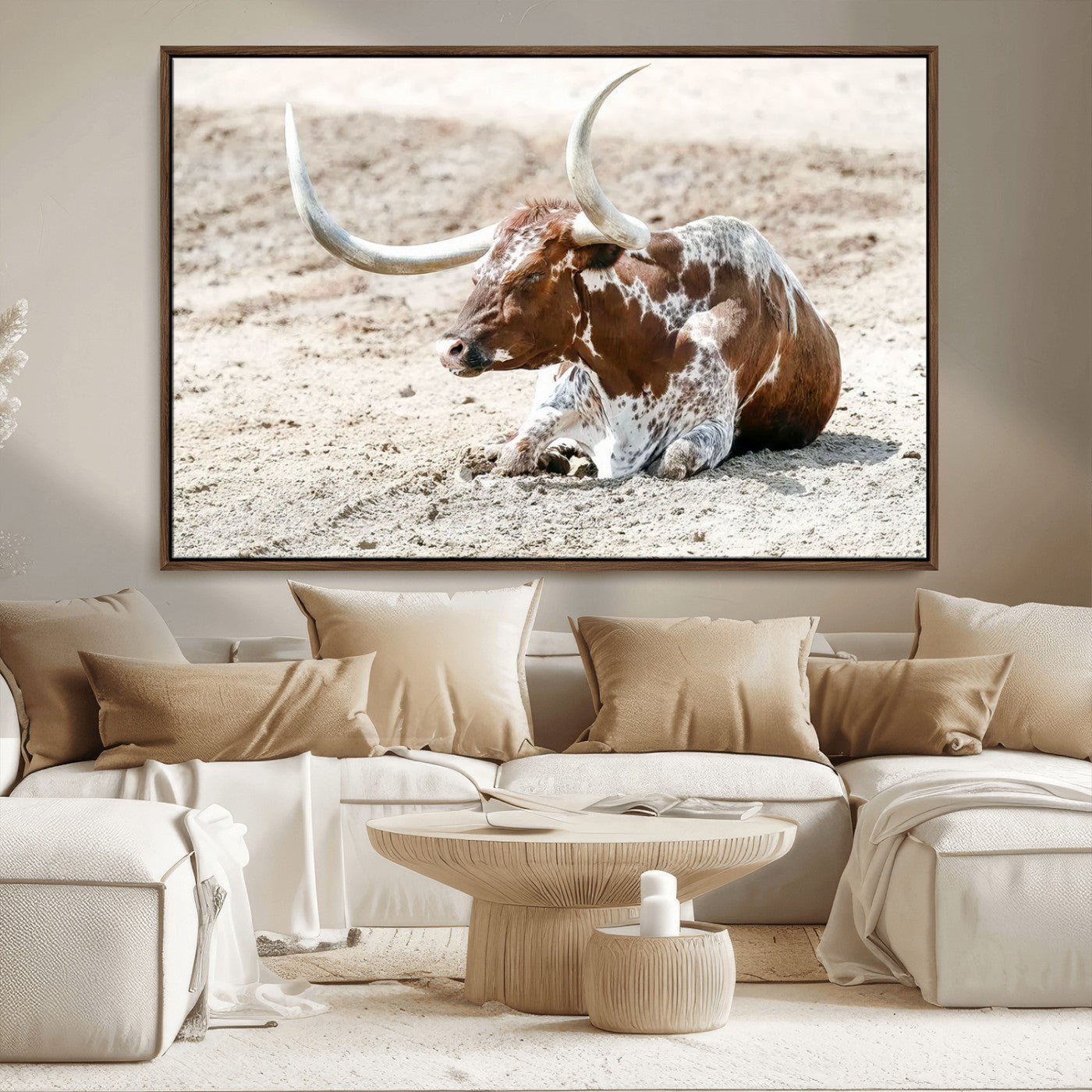 MGV-FC-36X24 - Majestic Longhorn Resting on Sunlit Desert Ground – Striking Western-Themed Wall Art Canvas Print