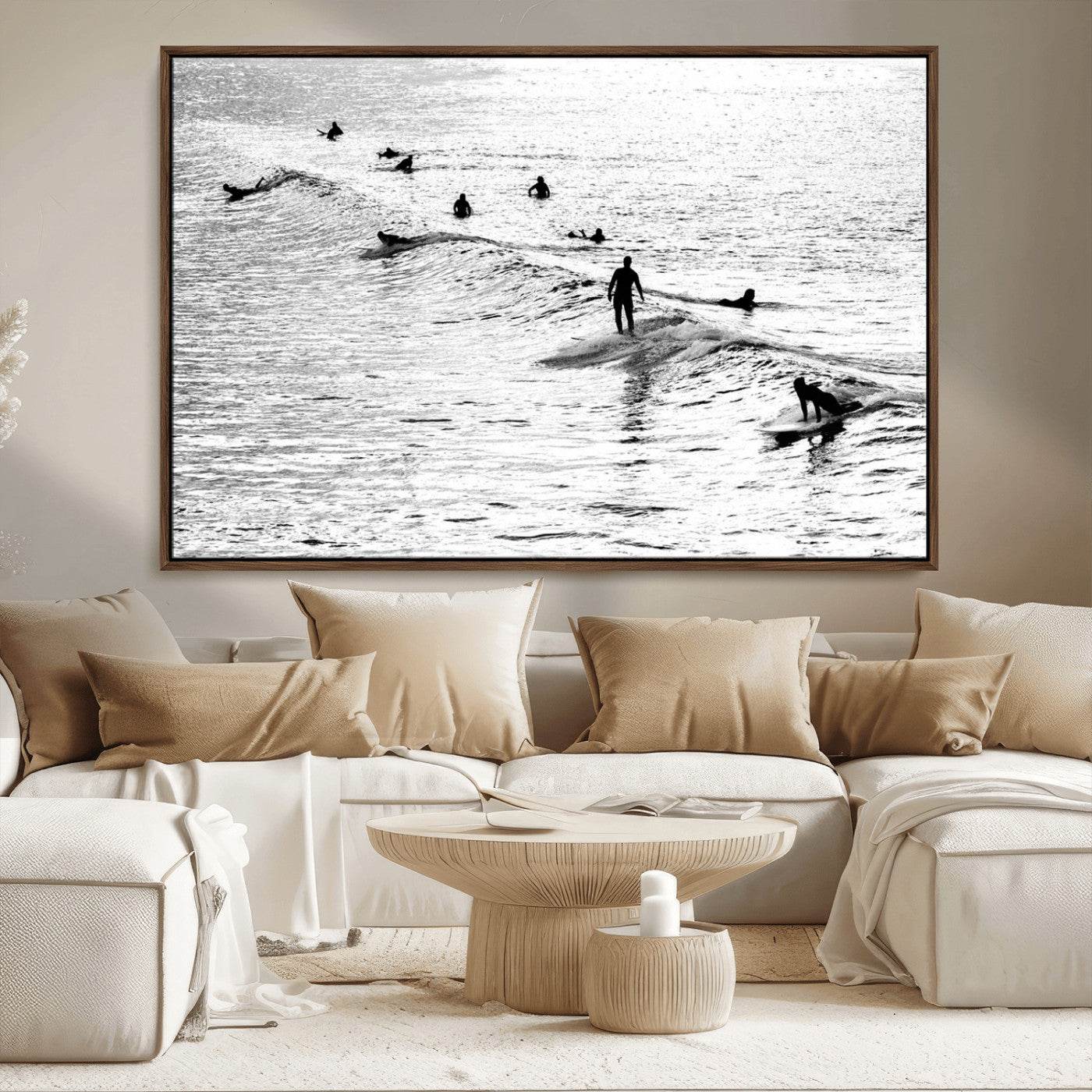 MGV-FC-36X24 - Black and White Surfers Riding Gentle Ocean Waves – Minimalist Coastal Photography Wall Art Canvas
