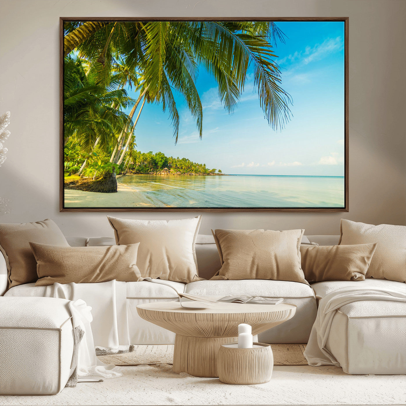 MGV-FC-36X24 - Peaceful Tropical Beach with Palm Trees and Calm Blue Sea – Serene Coastal Wall Art Canvas Print for