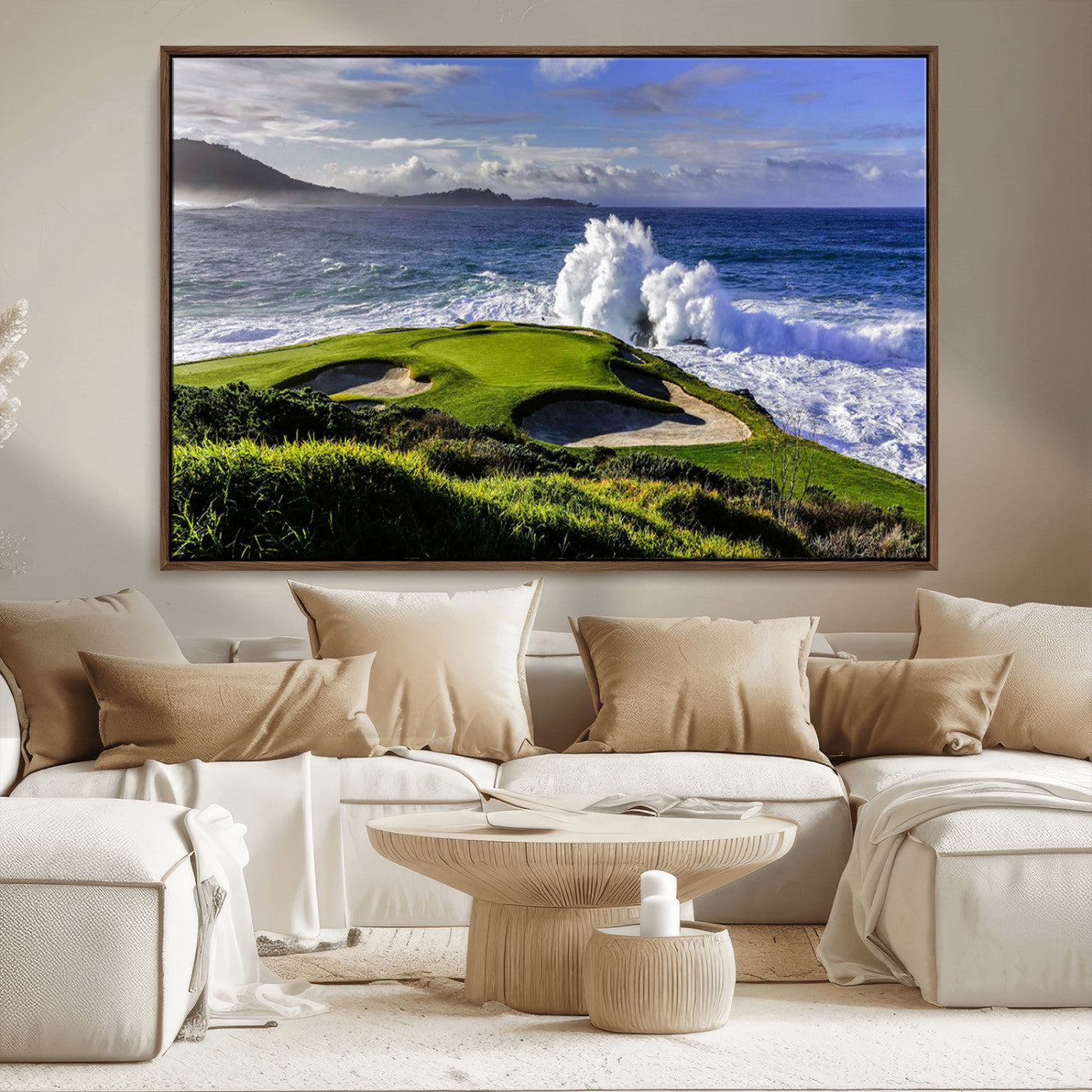 -Dramatic Ocean Waves Crashing Against Rocky Coastline Near a Green Golf Course – Stunning Wall Art