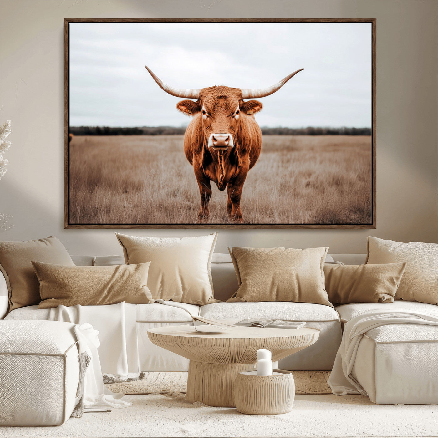 MGV-FC-36X24 - Longhorn bull, open field, rustic charm, natural beauty, Wall Art Canvas Print, countryside,