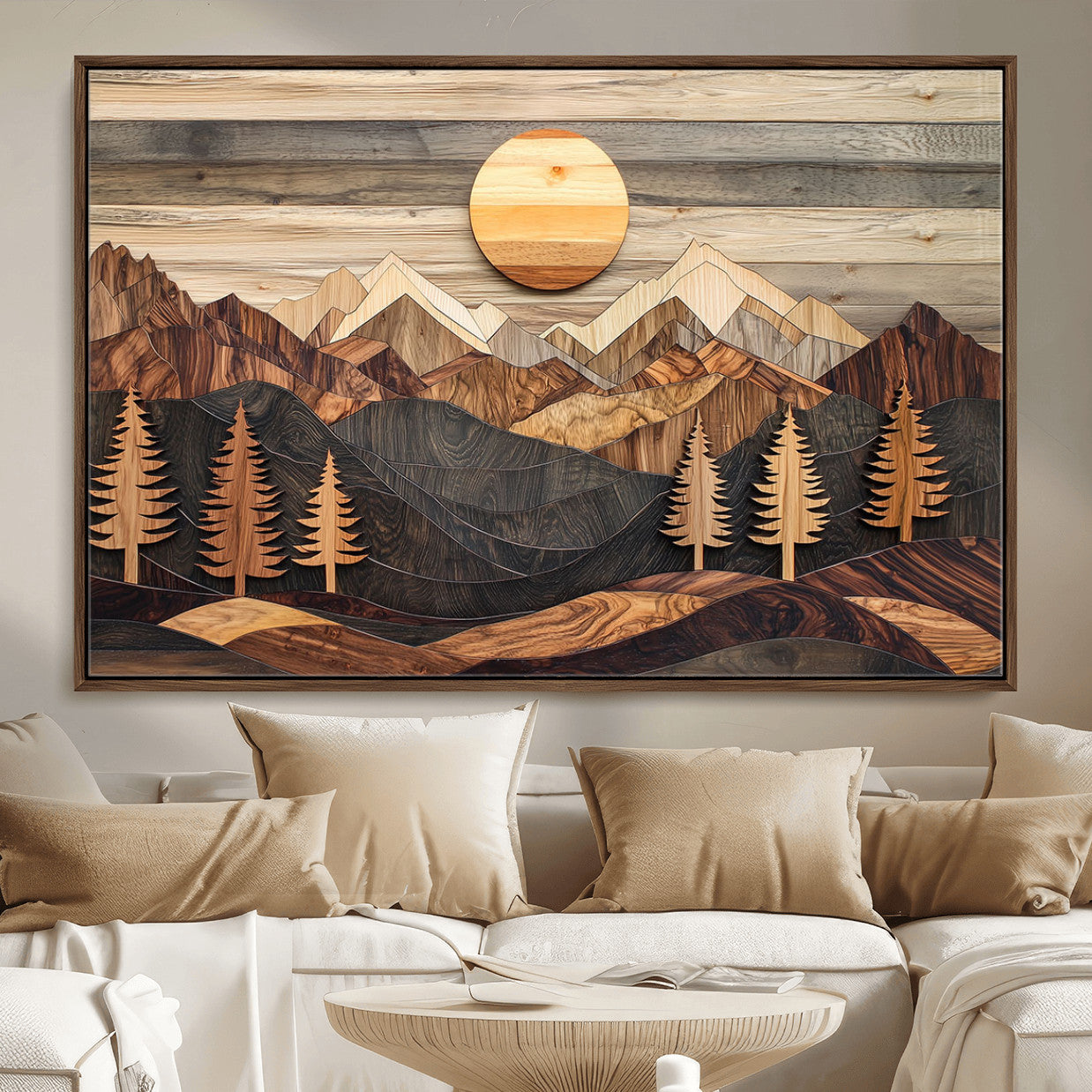 19832326-MGV-FC-36X24 - Wooden Mountain Landscape Layered Texture Geometric Shapes Sun Pine Trees Rustic Natural Tones Art