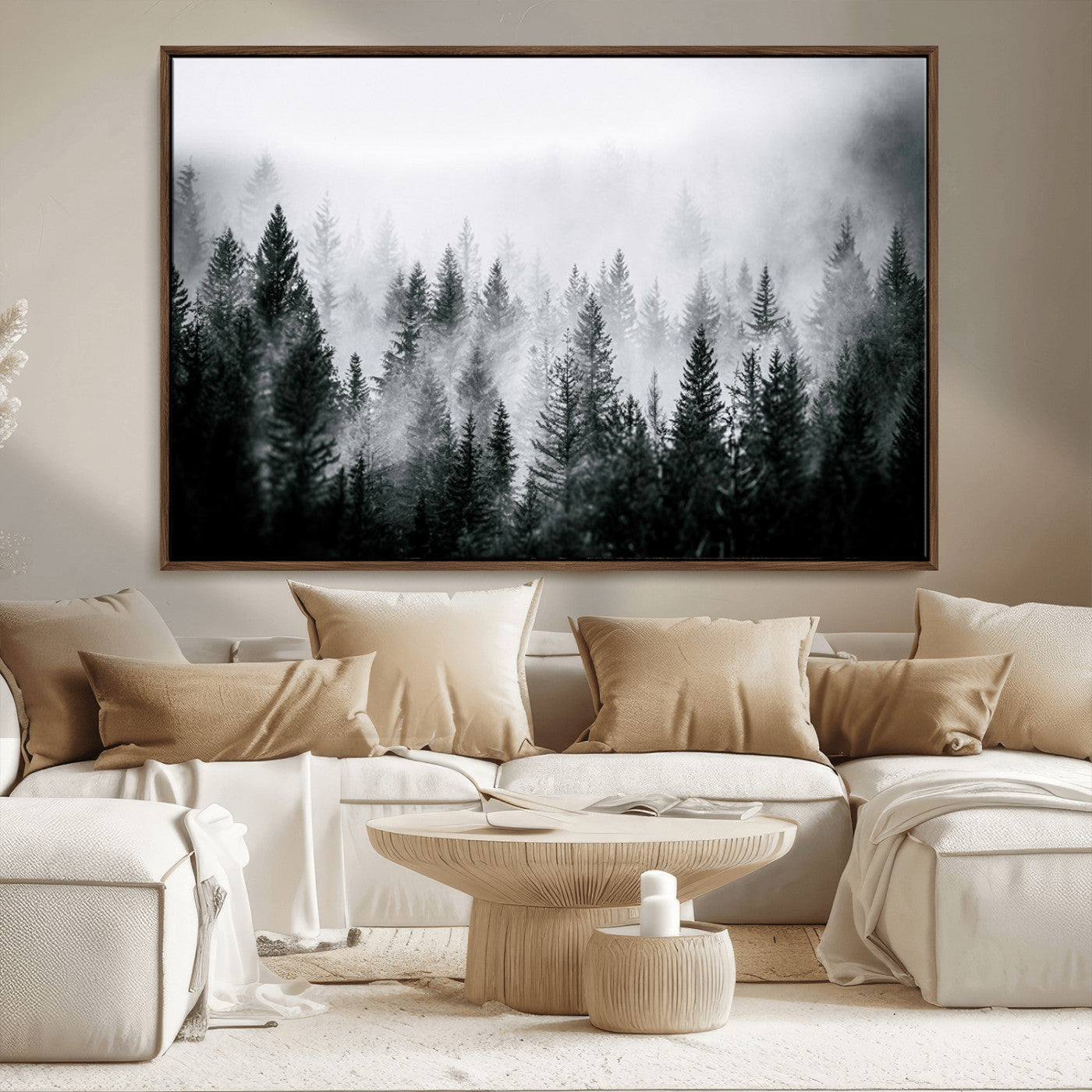 MGV-FC-36X24 - Foggy Pine Forest Canvas Wall Art, Horizontal Black and White Nature Landscape Print for Modern,