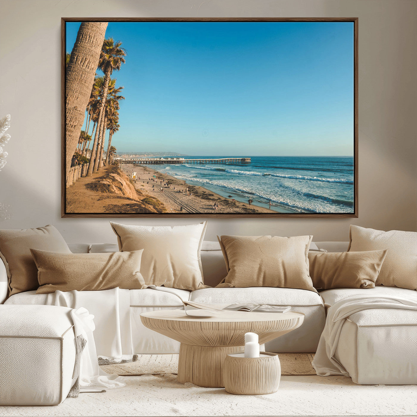 MGV-FC-36X24 - Scenic Beach with Tall Palm Trees, Sandy Shore, and Long Pier Stretching into the Calm Ocean Under