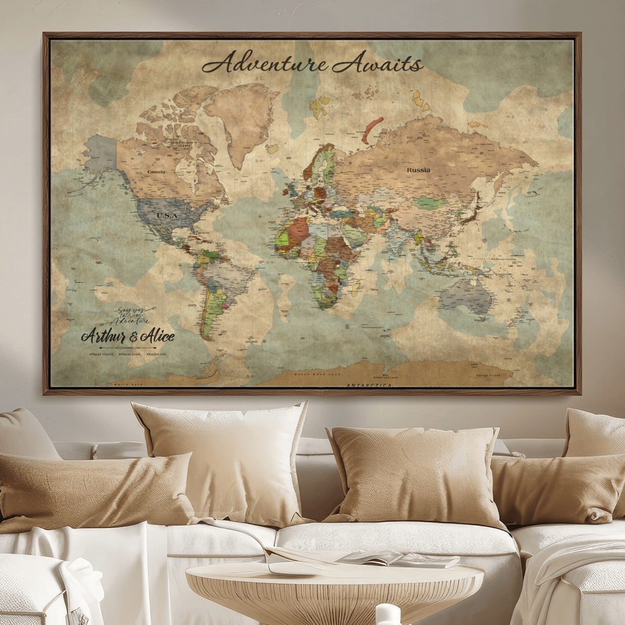 MGV-FC-36X24 - Personalized World Map Wall Art Canvas Print – Custom Push Pin Travel Map for Couples, Families, or Office Décor