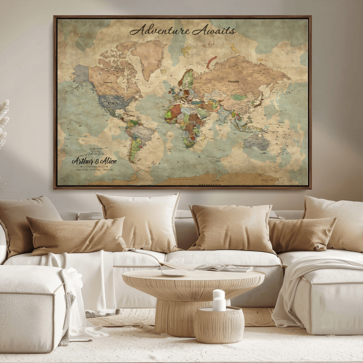 MGV-FC-36X24 - Personalized World Map Wall Art Canvas Print – Custom Push Pin Travel Map for Couples, Families, or Office Décor