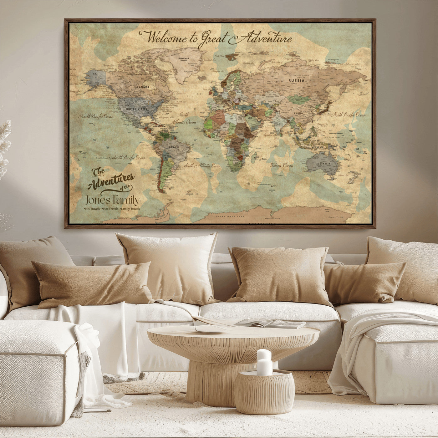 MGV-FC-36X24 - Personalized World Map Wall Art Canvas Print – Custom Push Pin Travel Map for Couples, Families, or Office Décor