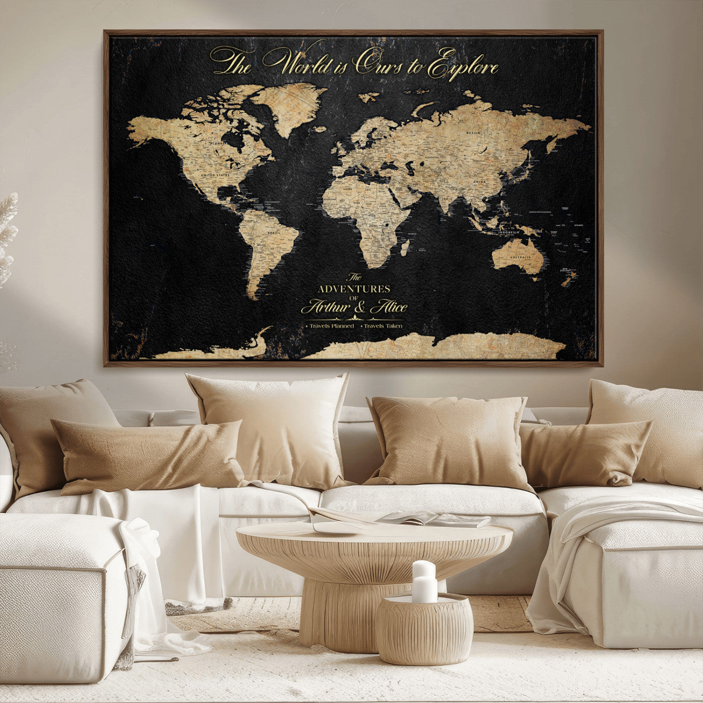 MGV-FC-36X24 - Personalized World Map Wall Art Canvas Print – Custom Push Pin Travel Map for Couples, Families, or Office Décor