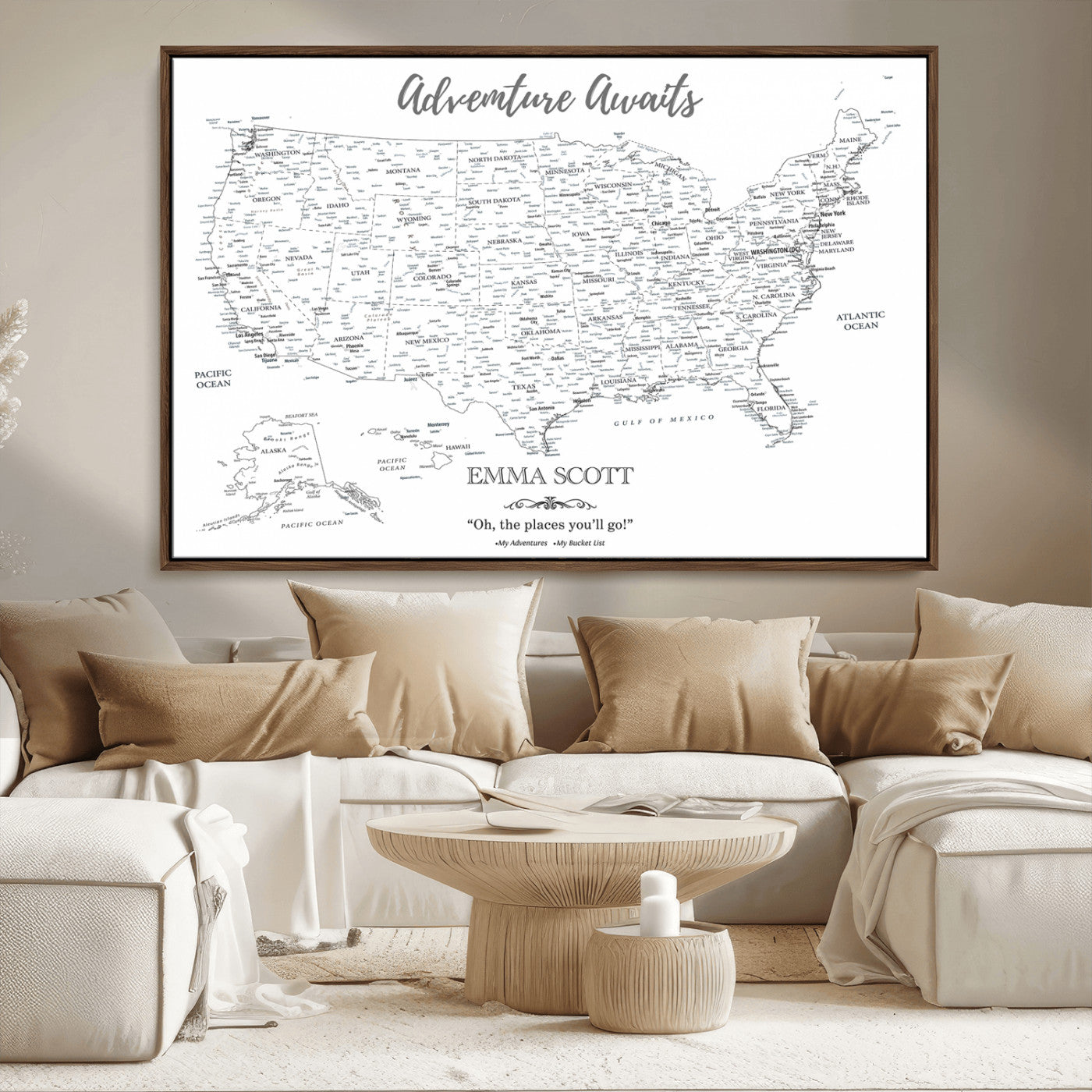 MGV-FC-36X24 - Personalized US Map Wall Art Canvas Print – Custom Push Pin Travel United States US Map for Couples, Families, or Office Décor
