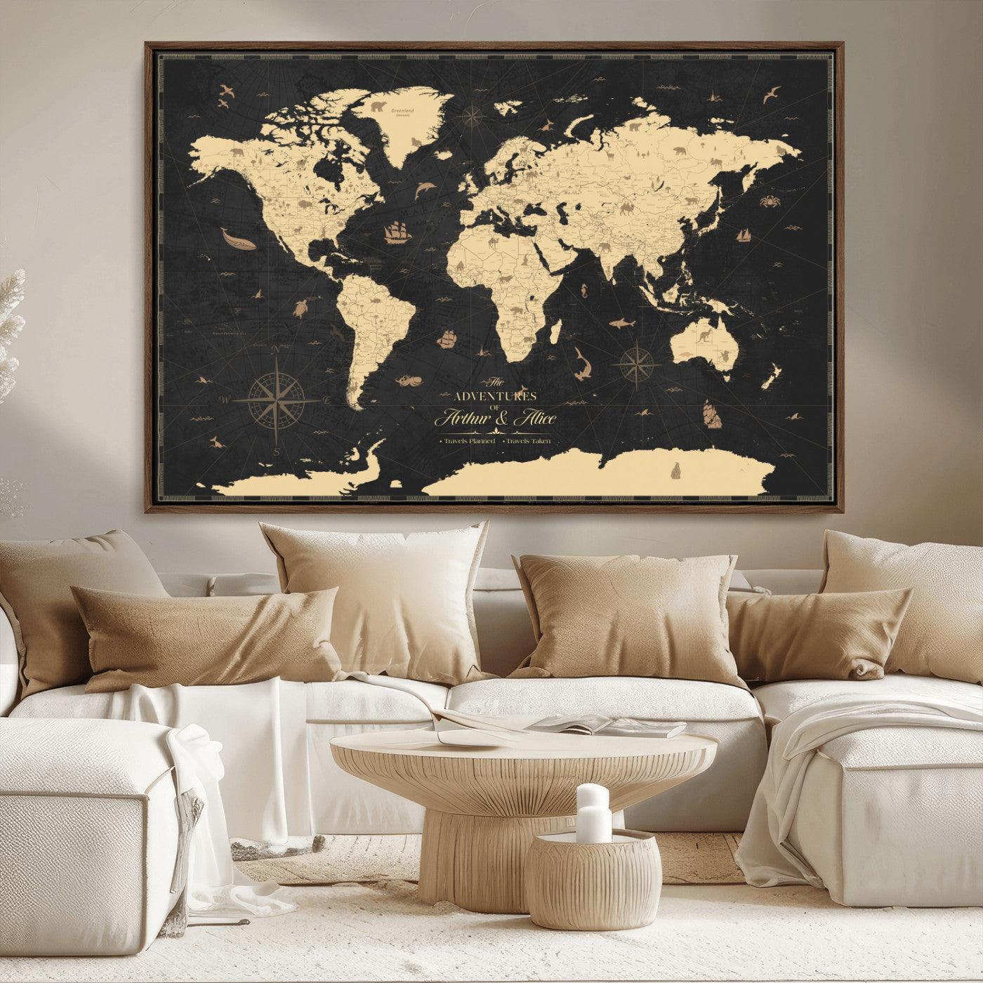 MGV-FC-36X24 - Personalized World Map Wall Art Canvas Print – Custom Push Pin Travel Map for Couples, Families, or Office Décor