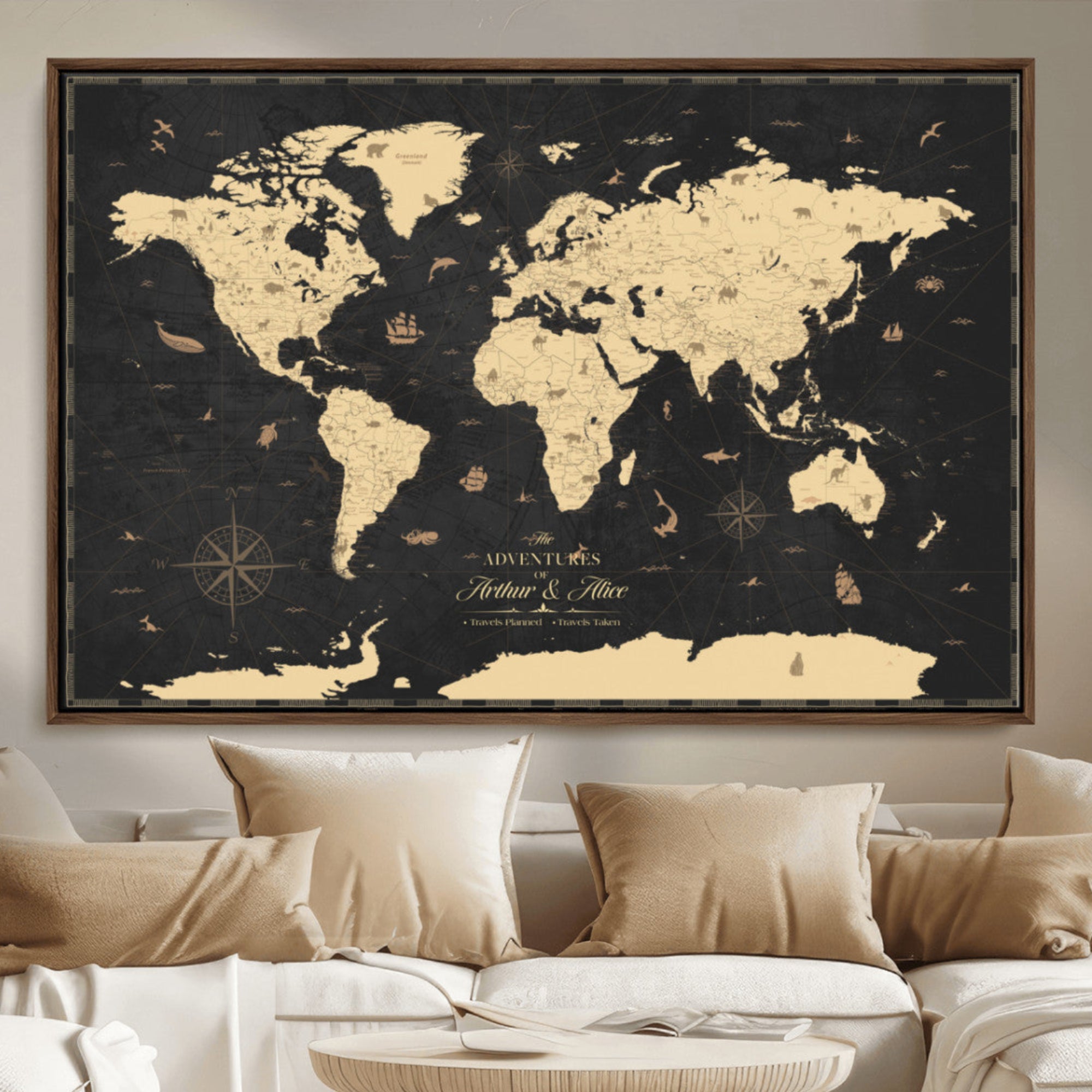 MGV-FC-36X24 - Personalized World Map Wall Art Canvas Print – Custom Push Pin Travel Map for Couples, Families, or Office Décor