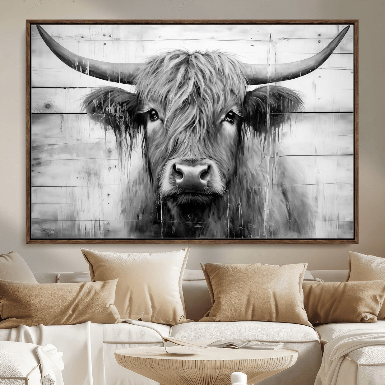 1001HASAN27-MGV-FC-36X24 - Black White Highland Cow Wall Art Canvas Print