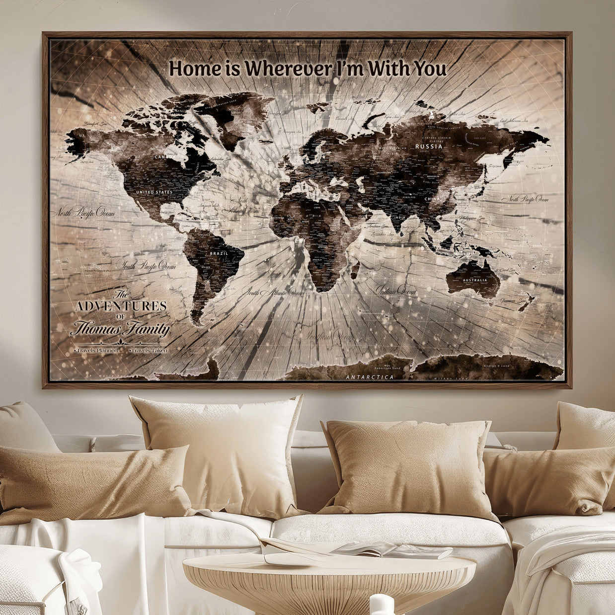 72371980-MGV-FC-36X24 - Personalized World Map Wall Art – Customizable Push Pin Framed Canvas Print Unique Travel Decor for Home, Office