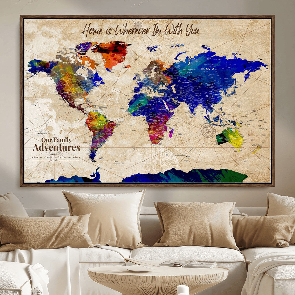 42795268-MGV-FC-36X24 - Personalized Push Pin World Map Canvas Print – Custom Adventure Travel Map, Framed Wall Art Gift for Couples or Family
