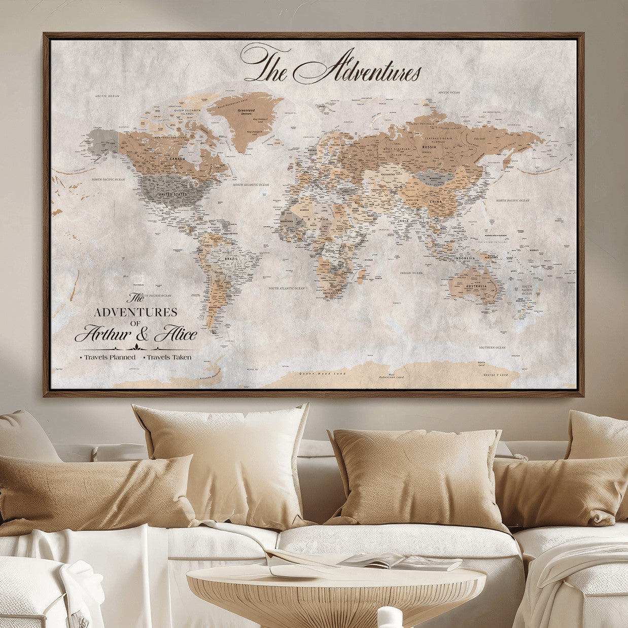 91774967-MGV-FC-36X24 - Personalized Push Pin World Map Canvas Print – Custom Framed Travel Tracker Artwork for Couples or Home Decor