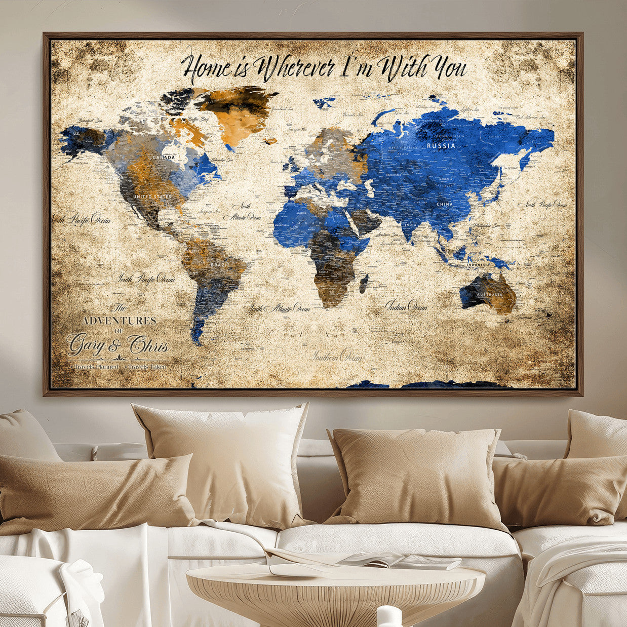 20854758-MGV-FC-36X24 - Personalized Push Pin World Map Canvas Print – Custom Framed Travel Tracker Artwork with Pins for Home and Office Decor