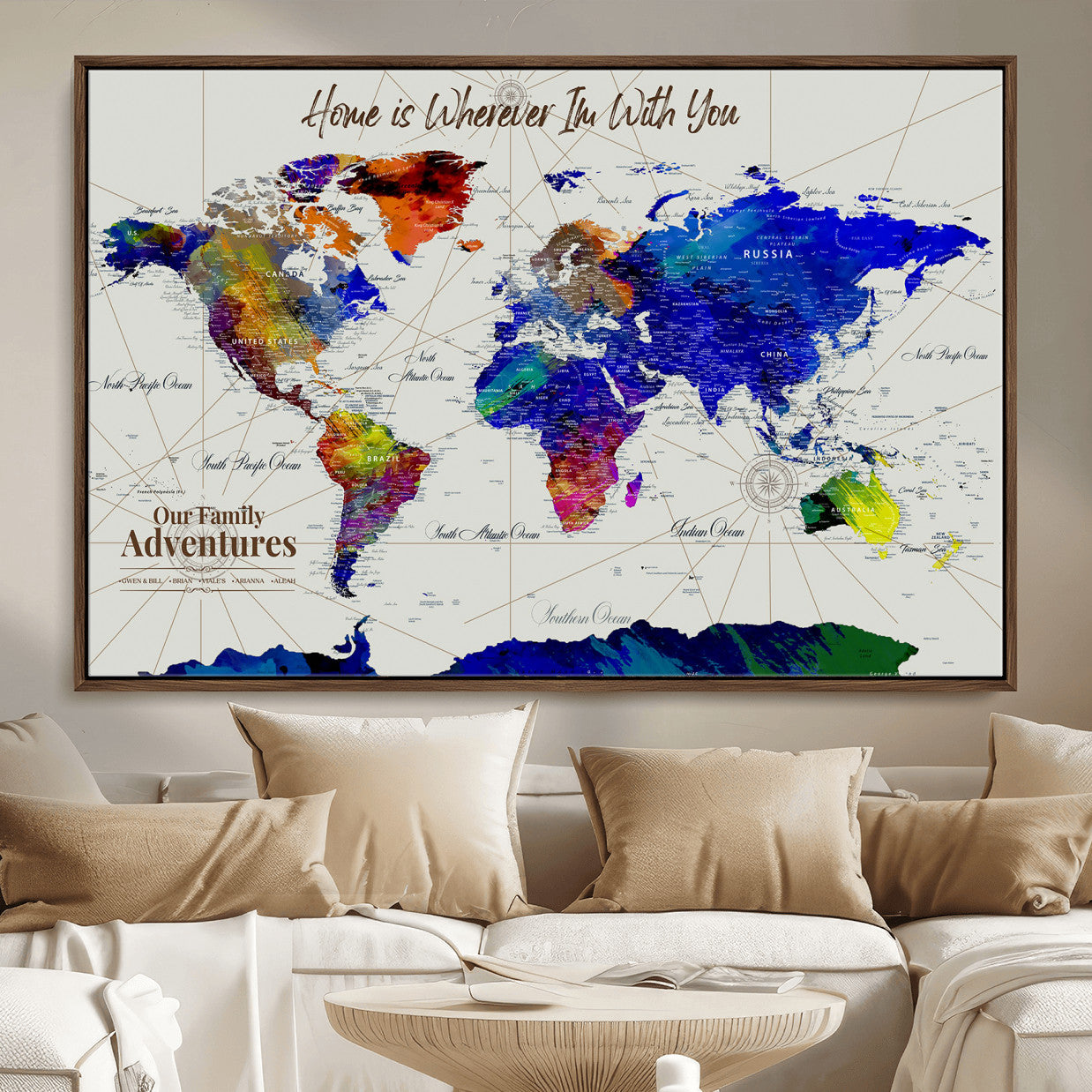 74686301-MGV-FC-36X24 - Customized Push Pin World Map Wall Art Canvas Print with Pins, Personalized Travel Tracker Map, Framed World Map for Living Room, Office and Home Decor