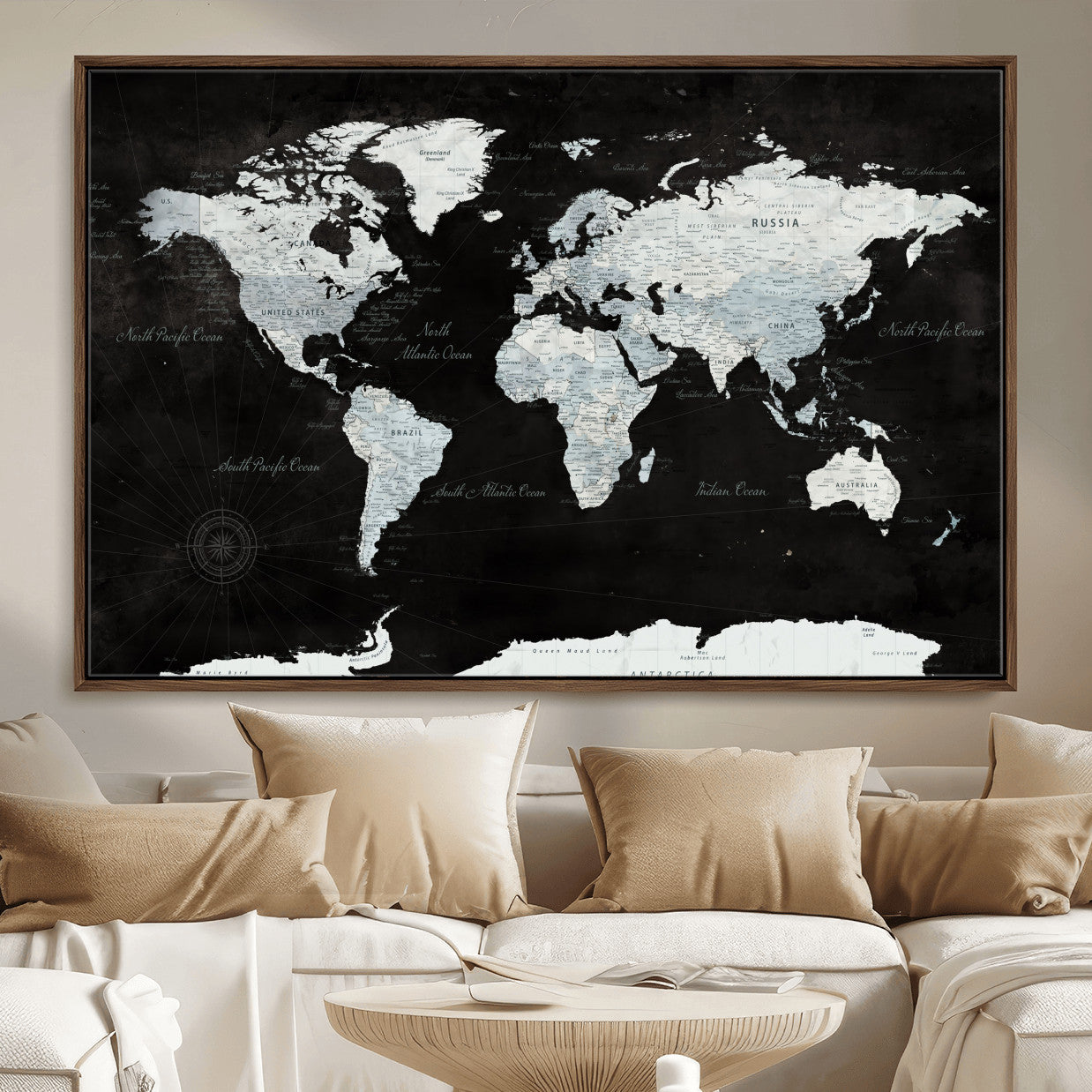 30759283-MGV-FC-36X24 - World Map Wall Art Canvas Print, Modern Decorative Framed Map Artwork Prints for Living Room, Office, Bedroom Wall Decor