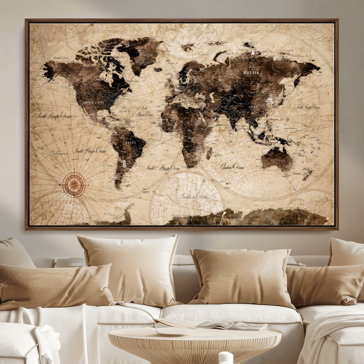 97114757-MGV-FC-36X24 - Vintage World Map Wall Art Canvas Print, Modern Decorative Framed Map Artwork Prints for Living Room, Office, Bedroom Wall Decor