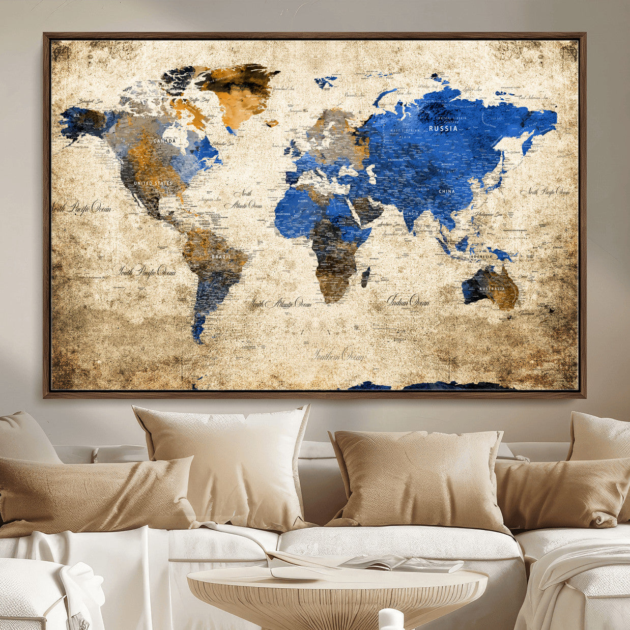 13564339-MGV-FC-36X24 - World Map Wall Art Canvas Print, Modern Decorative Framed Map Artwork Prints for Living Room, Office, Bedroom Wall Decor