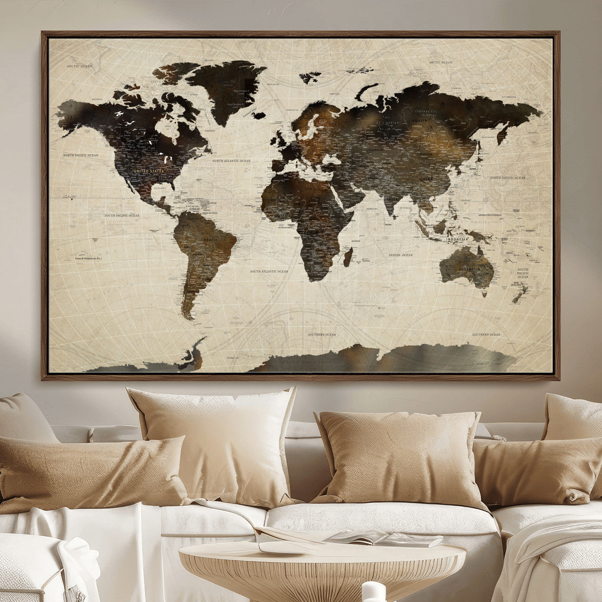 81771296-MGV-FC-36X24 - World Map Wall Art Canvas Print, Modern Decorative Framed Map Artwork Prints for Living Room, Office, Bedroom Wall Decor