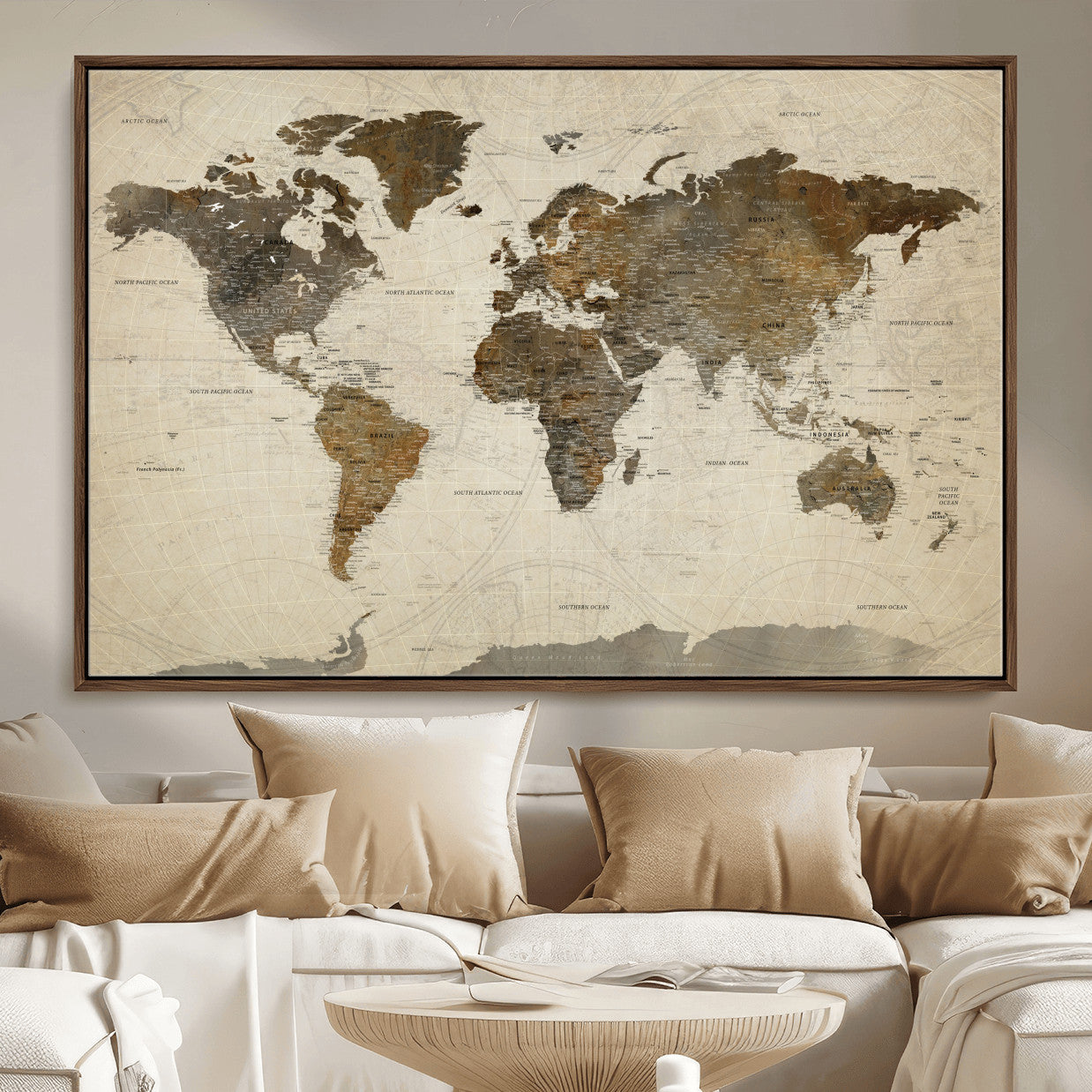 91849163-MGV-FC-36X24 - World Map Wall Art Canvas Print, Modern Decorative Framed Map Artwork Prints for Living Room, Office, Bedroom Wall Decor